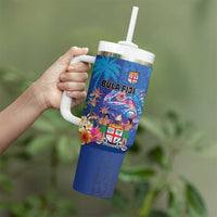 Fiji Bula Tumbler With Handle Tropical Plants with Palm Tree and Iguana Colorful LT03 - Polynesian Pride