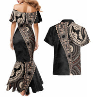 Fiji Traditional Masi Couples Matching Mermaid Dress and Hawaiian Shirt Tapa Art Palm Leaves Pattern