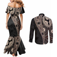 Fiji Traditional Masi Couples Matching Mermaid Dress and Long Sleeve Button Shirt Tapa Art Palm Leaves Pattern