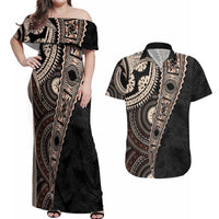 Fiji Traditional Masi Couples Matching Off Shoulder Maxi Dress and Hawaiian Shirt Tapa Art Palm Leaves Pattern LT03 Brown - Polynesian Pride
