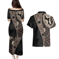 Fiji Traditional Masi Couples Matching Puletasi and Hawaiian Shirt Tapa Art Palm Leaves Pattern
