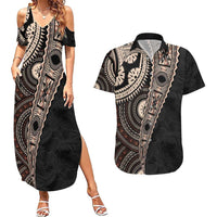 Fiji Traditional Masi Couples Matching Summer Maxi Dress and Hawaiian Shirt Tapa Art Palm Leaves Pattern LT03 Brown - Polynesian Pride