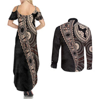 Fiji Traditional Masi Couples Matching Summer Maxi Dress and Long Sleeve Button Shirt Tapa Art Palm Leaves Pattern