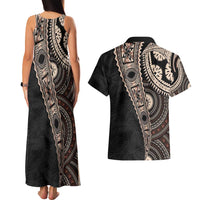 Fiji Traditional Masi Couples Matching Tank Maxi Dress and Hawaiian Shirt Tapa Art Palm Leaves Pattern