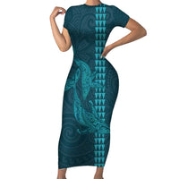 Aloha Hawaii Whale Kakau and Polynesian Tattoo Family Matching Short Sleeve Bodycon Dress and Hawaiian Shirt Turquoise Color