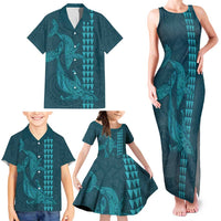 Aloha Hawaii Whale Kakau and Polynesian Tattoo Family Matching Tank Maxi Dress and Hawaiian Shirt Turquoise Color