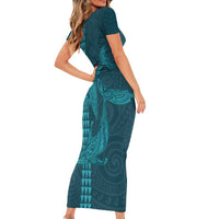 Aloha Hawaii Whale Kakau and Polynesian Tattoo Short Sleeve Bodycon Dress Turquoise Color