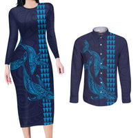 Aloha Hawaii Whale Kakau and Polynesian Tattoo Couples Matching Long Sleeve Bodycon Dress and Long Sleeve Button Shirt Dark Navy Color