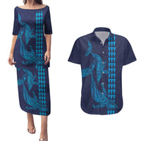 Aloha Hawaii Whale Kakau and Polynesian Tattoo Couples Matching Puletasi and Hawaiian Shirt Dark Navy Color LT03 Dark Navy - Polynesian Pride
