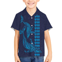 Aloha Hawaii Whale Kakau and Polynesian Tattoo Family Matching Puletasi and Hawaiian Shirt Dark Navy Color LT03 Son's Shirt Dark Navy - Polynesian Pride