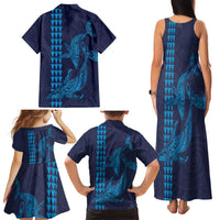 Aloha Hawaii Whale Kakau and Polynesian Tattoo Family Matching Tank Maxi Dress and Hawaiian Shirt Dark Navy Color