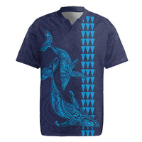 Aloha Hawaii Whale Kakau and Polynesian Tattoo Rugby Jersey Dark Navy Color