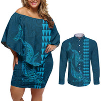 Aloha Hawaii Whale Kakau and Polynesian Tattoo Couples Matching Off Shoulder Short Dress and Long Sleeve Button Shirt Light Blue Color