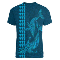 Aloha Hawaii Whale Kakau and Polynesian Tattoo Women V-Neck T-Shirt Light Blue Color LT03 - Polynesian Pride