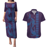 Aloha Hawaii Whale Kakau and Polynesian Tattoo Couples Matching Puletasi and Hawaiian Shirt Purple Color