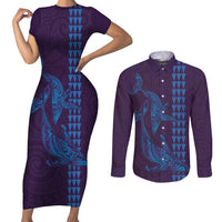 Aloha Hawaii Whale Kakau and Polynesian Tattoo Couples Matching Short Sleeve Bodycon Dress and Long Sleeve Button Shirt Purple Color LT03 Purple - Polynesian Pride