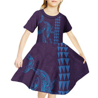 Aloha Hawaii Whale Kakau and Polynesian Tattoo Kid Short Sleeve Dress Purple Color