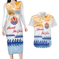 Personalised Hawaiki Nui Va'a French Polynesian Pattern Couples Matching Long Sleeve Bodycon Dress and Hawaiian Shirt White Color LT03 White - Polynesian Pride