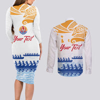 Personalised Hawaiki Nui Va'a French Polynesian Pattern Couples Matching Long Sleeve Bodycon Dress and Long Sleeve Button Shirt White Color LT03 - Polynesian Pride