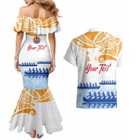Personalised Hawaiki Nui Va'a French Polynesian Pattern Couples Matching Mermaid Dress and Hawaiian Shirt White Color LT03 - Polynesian Pride