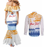 Personalised Hawaiki Nui Va'a French Polynesian Pattern Couples Matching Mermaid Dress and Long Sleeve Button Shirt White Color LT03 - Polynesian Pride