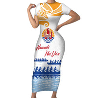 Personalised Hawaiki Nui Va'a French Polynesian Pattern Family Matching Short Sleeve Bodycon Dress and Hawaiian Shirt White Color LT03 Mom's Dress White - Polynesian Pride