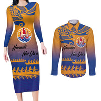 Personalised Hawaiki Nui Va'a French Polynesian Pattern Couples Matching Long Sleeve Bodycon Dress and Long Sleeve Button Shirt Sunset Color LT03 Yellow - Polynesian Pride