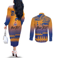 Personalised Hawaiki Nui Va'a French Polynesian Pattern Couples Matching Off The Shoulder Long Sleeve Dress and Long Sleeve Button Shirt Sunset Color LT03 - Polynesian Pride