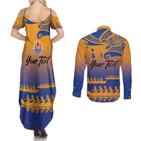 Personalised Hawaiki Nui Va'a French Polynesian Pattern Couples Matching Summer Maxi Dress and Long Sleeve Button Shirt Sunset Color LT03 - Polynesian Pride