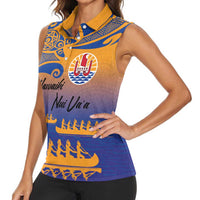 Personalised Hawaiki Nui Va'a French Polynesian Pattern Women Sleeveless Polo Shirt Sunset Color LT03 - Polynesian Pride