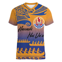 Personalised Hawaiki Nui Va'a French Polynesian Pattern Women V-Neck T-Shirt Sunset Color LT03 Female Yellow - Polynesian Pride
