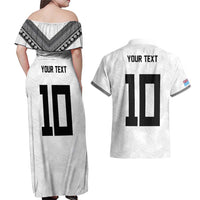 Custom Rugby Fiji Couples Matching Off Shoulder Maxi Dress and Hawaiian Shirt Fijian Masi Tribal Sporty Style White Color - Polynesian Pride