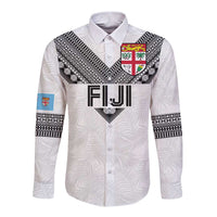 Custom Rugby Fiji Long Sleeve Button Shirt Fijian Masi Tribal Sporty Style White Color - Polynesian Pride