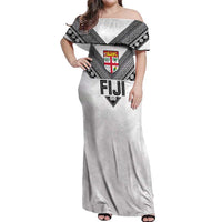 Custom Rugby Fiji Off Shoulder Maxi Dress Fijian Masi Tribal Sporty Style White Color - Polynesian Pride