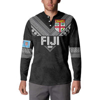 Custom Rugby Fiji Button Sweatshirt Fijian Masi Tribal Sporty Style Black Color - Polynesian Pride