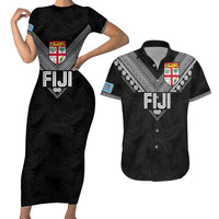 Custom Rugby Fiji Couples Matching Short Sleeve Bodycon Dress and Hawaiian Shirt Fijian Masi Tribal Sporty Style Black Color - Polynesian Pride