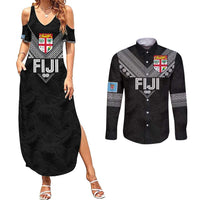 Custom Rugby Fiji Couples Matching Summer Maxi Dress and Long Sleeve Button Shirt Fijian Masi Tribal Sporty Style Black Color - Polynesian Pride