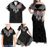 Custom Rugby Fiji Family Matching Off Shoulder Maxi Dress and Hawaiian Shirt Fijian Masi Tribal Sporty Style Black Color - Polynesian Pride