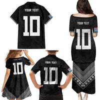 Custom Rugby Fiji Family Matching Puletasi and Hawaiian Shirt Fijian Masi Tribal Sporty Style Black Color - Polynesian Pride