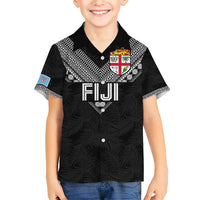 Custom Rugby Fiji Family Matching Short Sleeve Bodycon Dress and Hawaiian Shirt Fijian Masi Tribal Sporty Style Black Color - Polynesian Pride