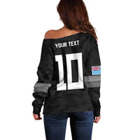 Custom Rugby Fiji Off Shoulder Sweater Fijian Masi Tribal Sporty Style Black Color - Polynesian Pride