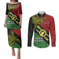 Personalised Papua New Guinea Southern Highlands Province Couples Matching Puletasi Dress and Long Sleeve Button Shirts PNG Birds Of Paradise Polynesian Arty Style LT03 Black - Polynesian Pride