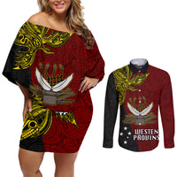 Papua New Guinea Western Province Couples Matching Off Shoulder Short Dress and Long Sleeve Button Shirts PNG Birds Of Paradise Polynesian Arty Style LT03 Red - Polynesian Pride