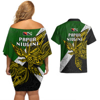 Papua New Guinea Western Highlands Province Couples Matching Off Shoulder Short Dress and Hawaiian Shirt PNG Birds Of Paradise Polynesian Arty Style LT03 - Polynesian Pride