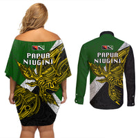 Papua New Guinea Western Highlands Province Couples Matching Off Shoulder Short Dress and Long Sleeve Button Shirts PNG Birds Of Paradise Polynesian Arty Style LT03 - Polynesian Pride