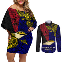 Personalised Papua New Guinea West New Britain Province Couples Matching Off Shoulder Short Dress and Long Sleeve Button Shirts PNG Birds Of Paradise Polynesian Arty Style LT03 Blue - Polynesian Pride