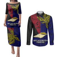 Personalised Papua New Guinea West New Britain Province Couples Matching Puletasi Dress and Long Sleeve Button Shirts PNG Birds Of Paradise Polynesian Arty Style LT03 Blue - Polynesian Pride