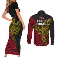 Papua New Guinea Sandaun Province Couples Matching Short Sleeve Bodycon Dress and Long Sleeve Button Shirts PNG Birds Of Paradise Polynesian Arty Style LT03 - Polynesian Pride