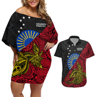 Personalised Papua New Guinea Sandaun Province Couples Matching Off Shoulder Short Dress and Hawaiian Shirt PNG Birds Of Paradise Polynesian Arty Style LT03 Red - Polynesian Pride