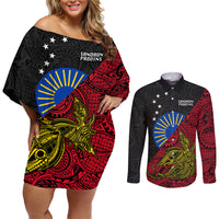 Personalised Papua New Guinea Sandaun Province Couples Matching Off Shoulder Short Dress and Long Sleeve Button Shirts PNG Birds Of Paradise Polynesian Arty Style LT03 Red - Polynesian Pride